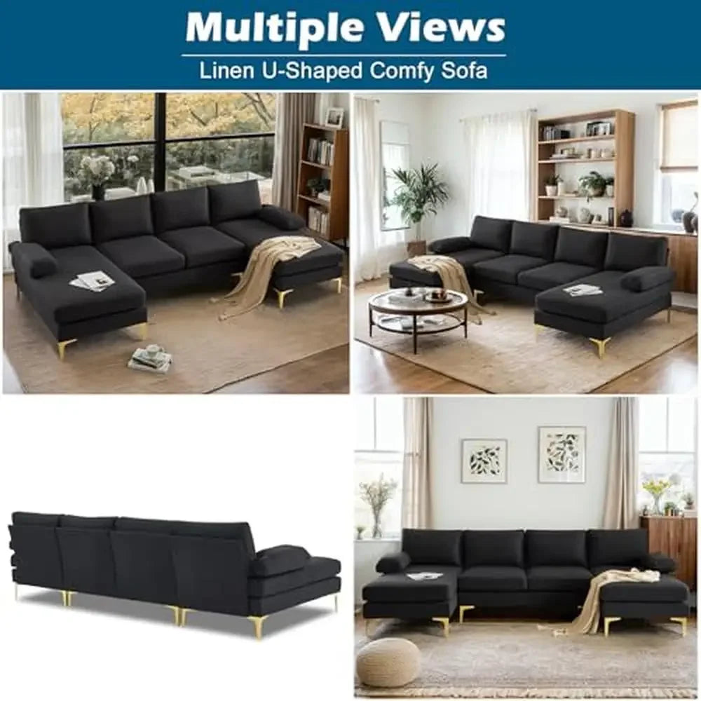 110" Black U-Shaped Sectional Sofa with Double Chaise Lounge 5.9" Thick Deep Seat Cushions 6 Person Living Room Set High-Density