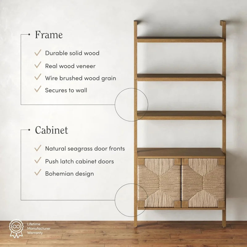 Beacon 3-Shelf Wood Bookshelf with Seagrass Doors