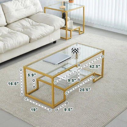 Golden Metal Glass Coffee Table - Two-Tiered with Tempered Glass, Stylish Metal Frame Coffee Table for Bedroom, Dining Room