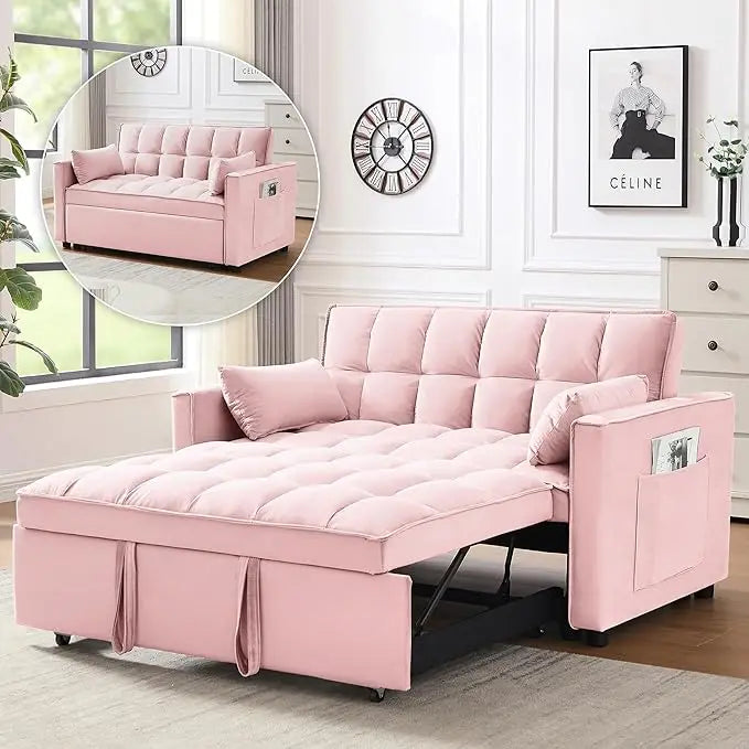 3 in 1 Convertible Sleeper Sofa Bed, Futon Couches for Living Room with Side Pocket, Adjustable Backrest, Velvet Fabric