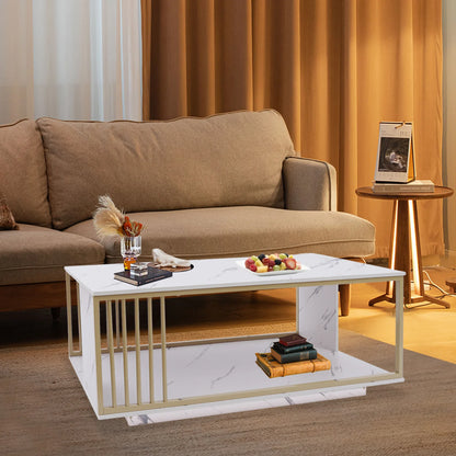 Modern 2-Tier White+Gold Coffee Table High Gloss Marble Veneer Rectangle, Waiting Area Table