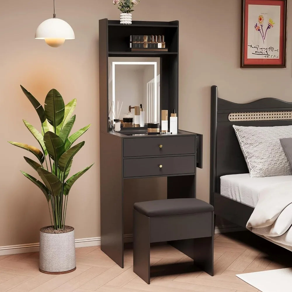 Compact Black Vanity Table with Fold-Up Panel and Storage Chair