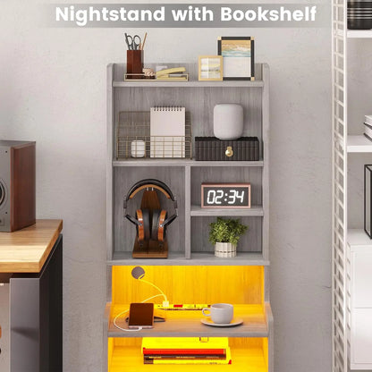 Tall Nightstand with Charging Station and LED Lights, LED Gray Nightstand with Drawers and Shelves, Tall Bedside Table