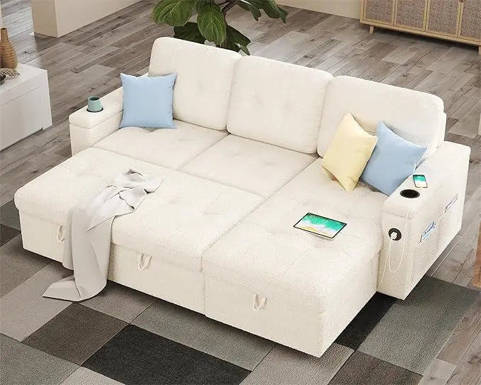 110 Inch Sofa Bed, Sleeper Couch Bed with 2 USB & Cup Holders, Oversized U Shaped Pull Out Couch with Storage Chaise & 3 Seater