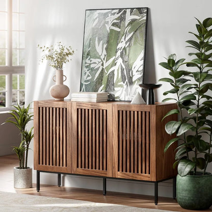 Buffet Cabinet with Metal Base, Adjustable Shelves, 3 Doors