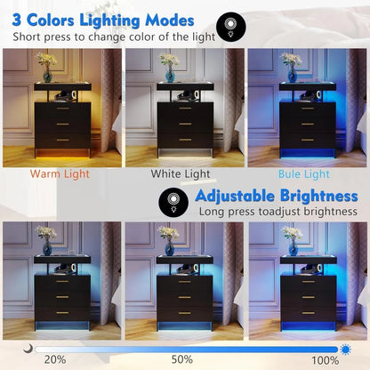 2 sets of nightstands with wireless charging, Sensor 3 Color Dimmable LED Night Stand, Bedside Table3Drawers&3 Open Compartments