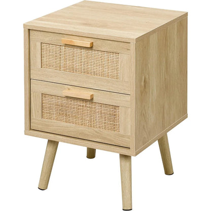 Night Stand Set of 2, Nightstand with 2 Hand Made Rattan Decorated Drawers, Wood Accent Table with Storage for Bedroom, Natural