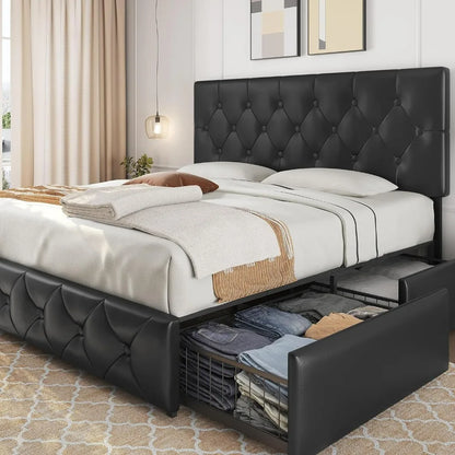 King Size Upholstered Bed Frame with Adjustable Headboard and 4 Drawers