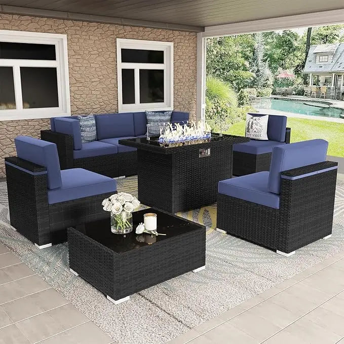 8 Pieces Patio Furniture Set with 44Propane Gas Fire Pit Table,Outdoor Sectional Wicker Conversation Sofa Sets with Coffee Table