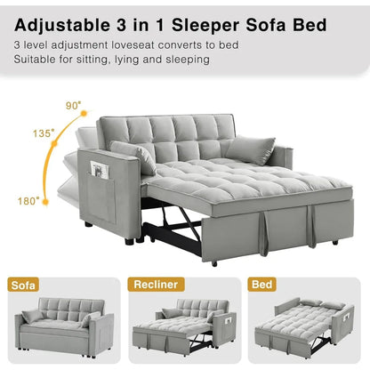 3 in 1 Convertible Sleeper Sofa Bed, Futon Couches for Living Room with Side Pocket, Adjustable Backrest, Velvet Fabric