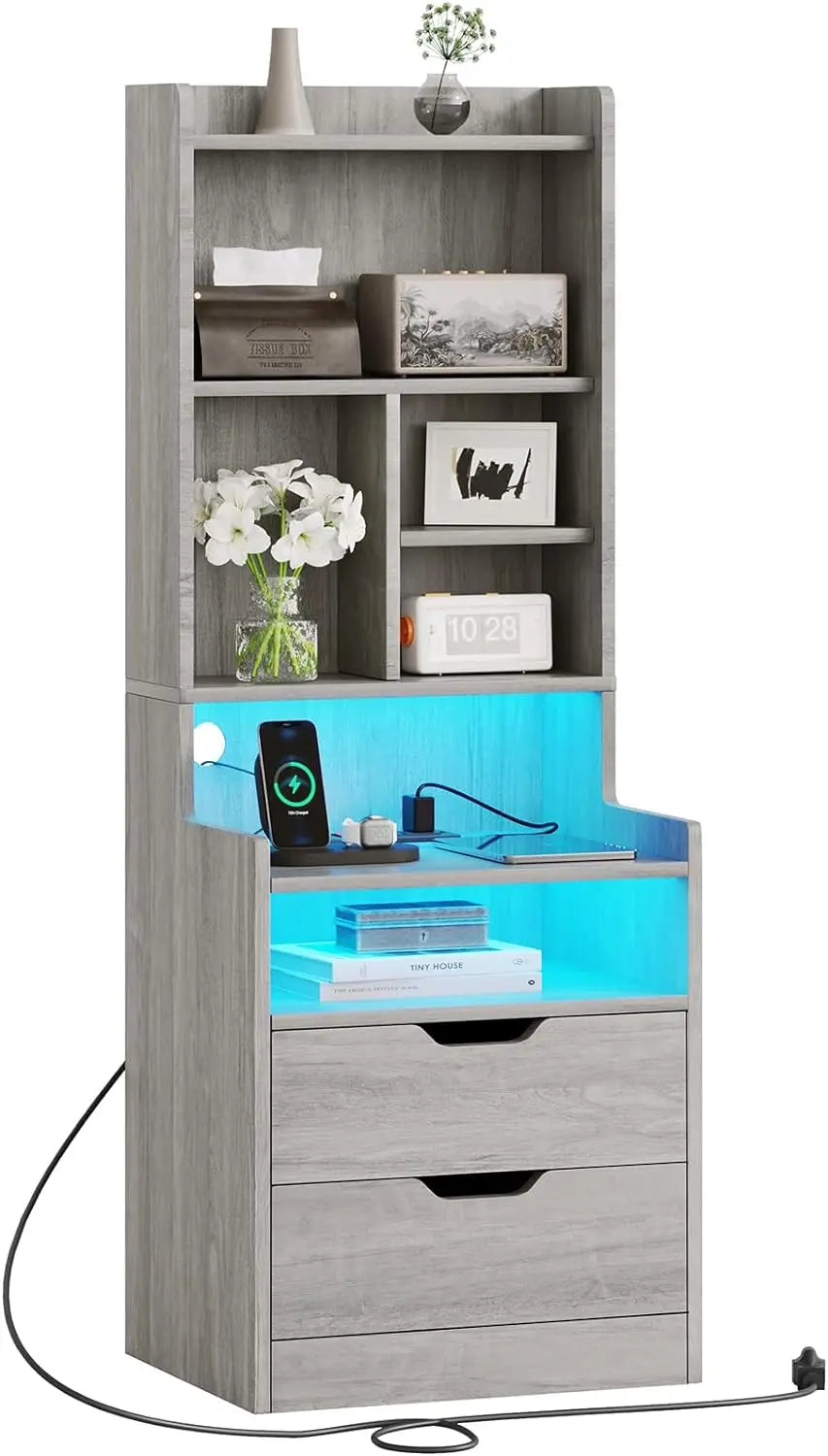 Nightstands, LED Night Stand with Charging Station, Bookshelf,Bedside Table with Power Outlets, End Side Table for Bedrooms