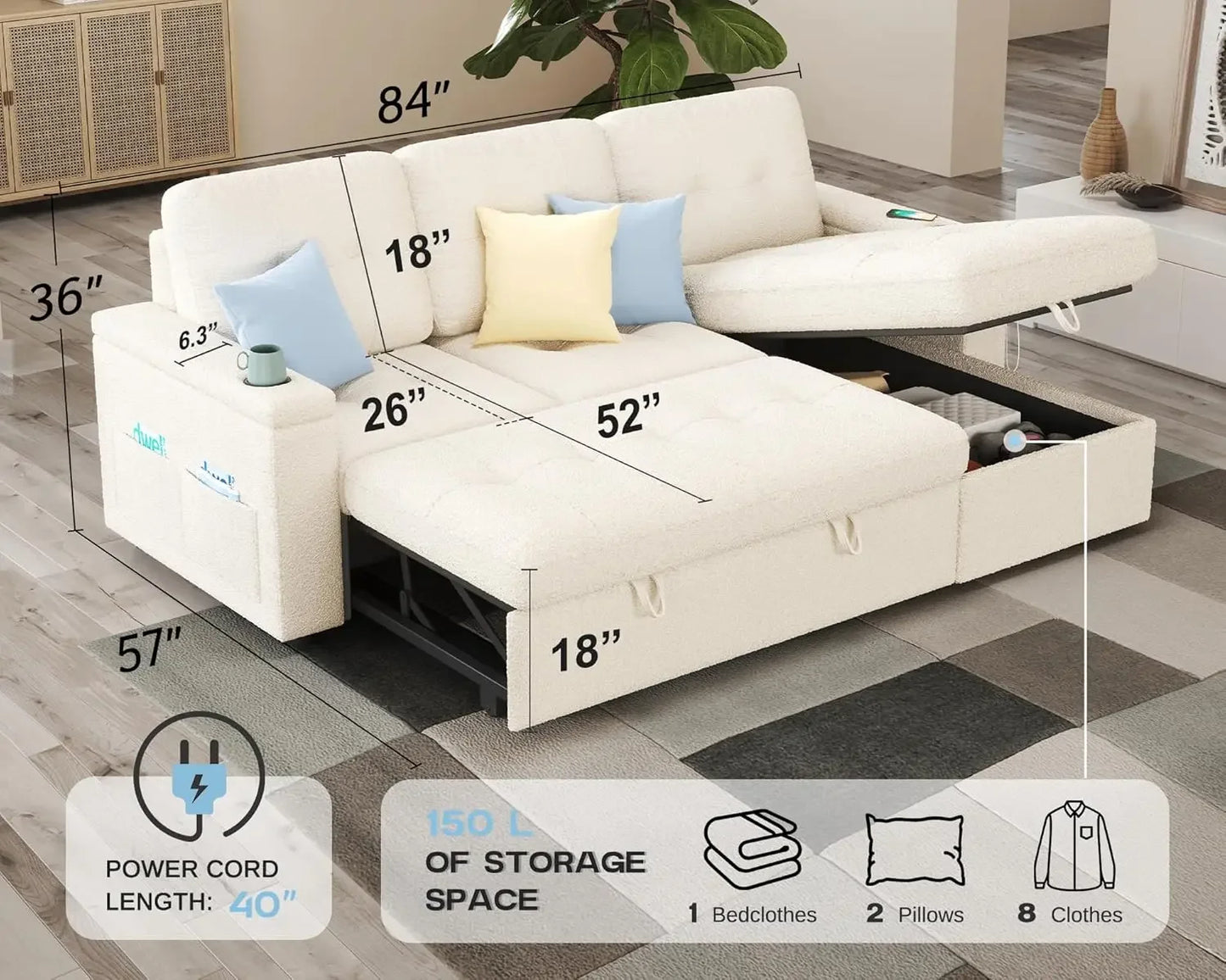 110 Inch Sofa Bed, Sleeper Couch Bed with 2 USB & Cup Holders, Oversized U Shaped Pull Out Couch with Storage Chaise & 3 Seater