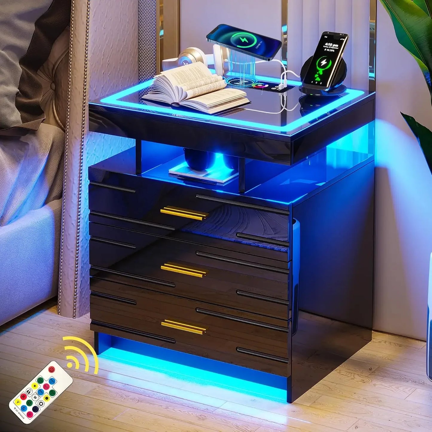 Atuo LED Nightstand , Modern Night Stand with 24 Color Lights, High-Gloss Bedside Tables with 3 Drawers for Bedroom (White,1PC)