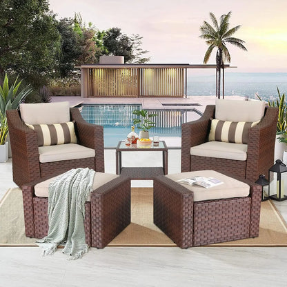 5 Piece Patio Conversation Set Outdoor Furniture Set, Brown Wicker Lounge Chair with Ottoman Footrest, W/Coffee Table & Cushions