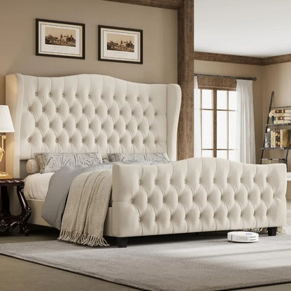 King Bed Frame with Velvet Tufted Wingback Headboard