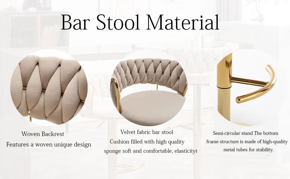 Gold Velvet Bar Stools Set of 4, Counter Height Bar Stools with Low Back, Swivel  Stool for Kitchen Island, Bar Pub (Beige)