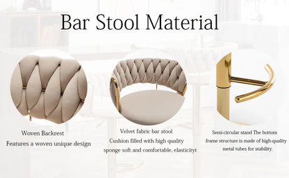 Gold Velvet Bar Stools Set of 4, Counter Height Bar Stools with Low Back, Swivel  Stool for Kitchen Island, Bar Pub (Beige)