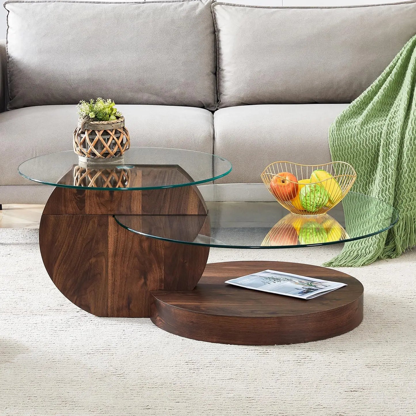 Glass Coffee Table, Modern Round Tempered Glass Coffee Tables for Living Room, 3-Tier Circle Wood Coffee Table