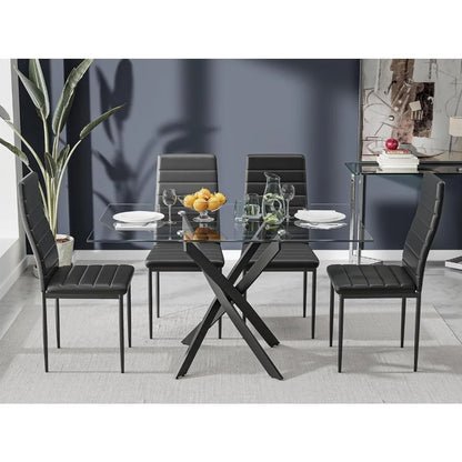 5 Piece Dining Table Set, Tempered Glass Dining Set for 4 Kitchen Table Set with 4 Upholstered High-Back Chairs