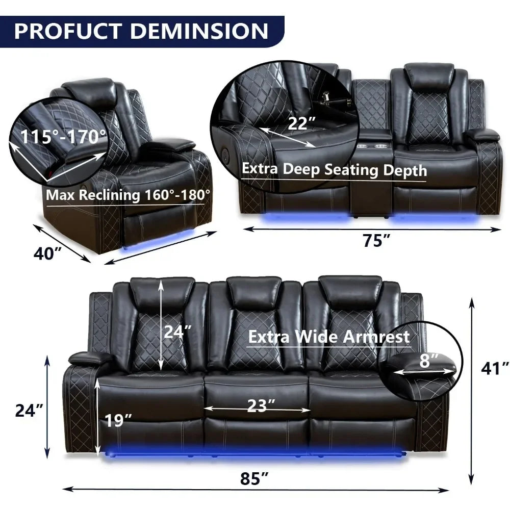 recliner，Power Leather Reclining Sofa Set for Living Room Furniture, Black Vegan Leather Power Reclining Couch Loveseat  2 Pcs