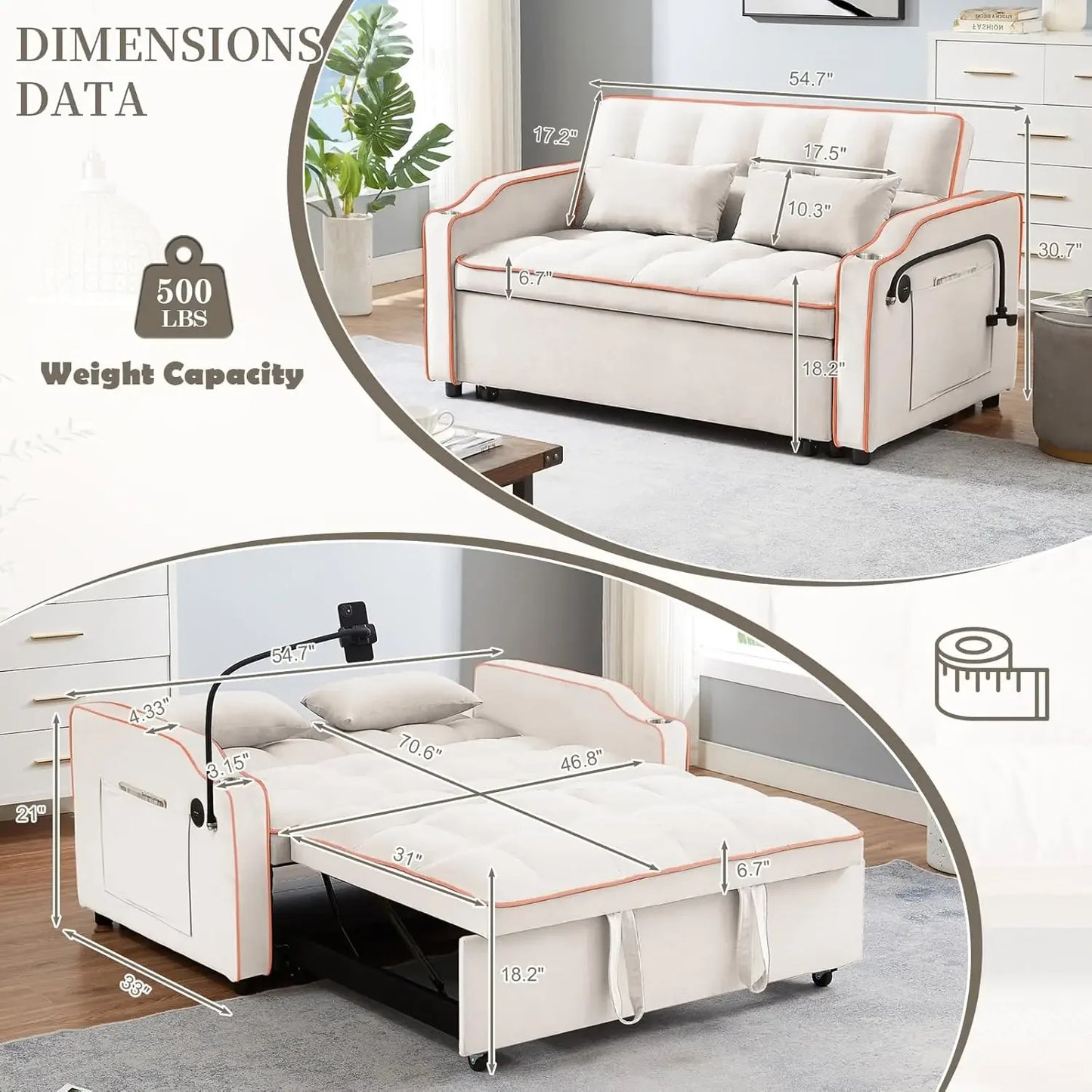 3 in 1 Convertible Sleeper Sofa Bed,Velvet Pull Out Couch Bed w USB&Type C Port,Comfy Futon Loveseat w Adjustable Backrest&Phone