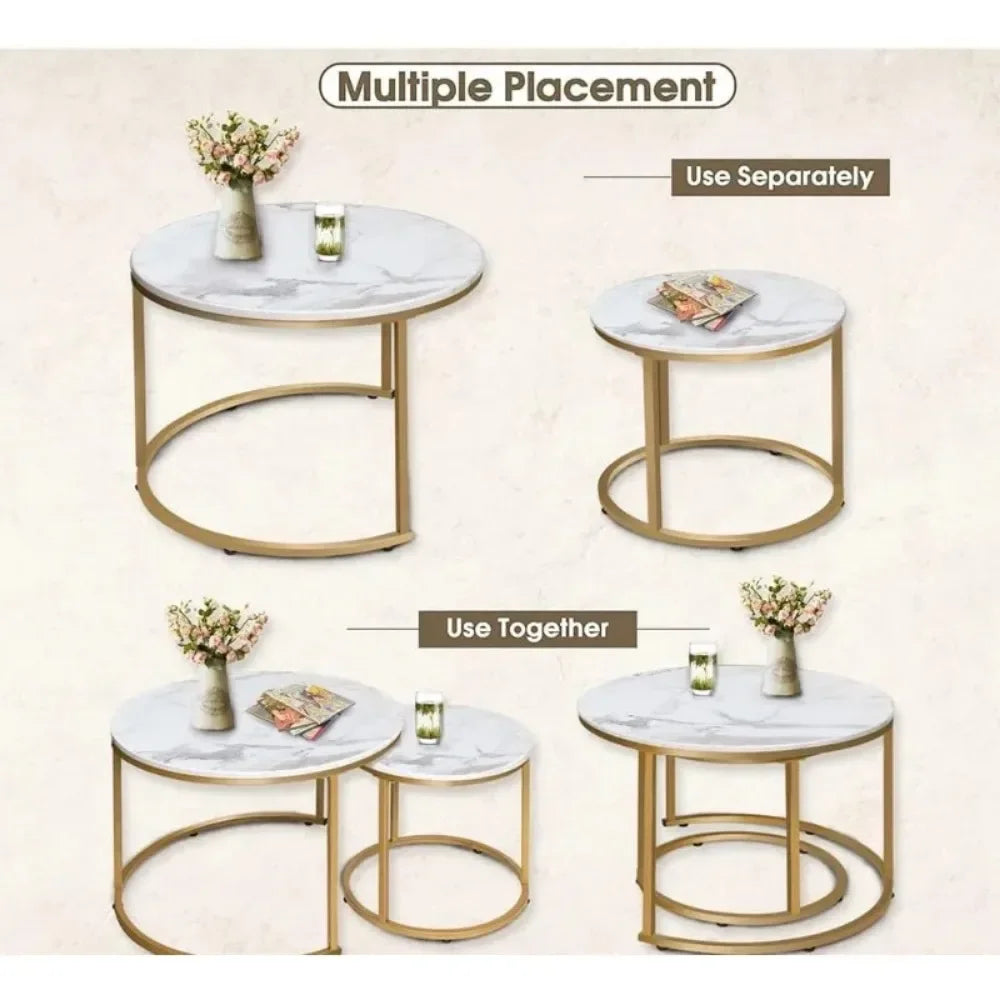 Coffee Table Nesting White Set of 2 Side Set Golden Frame Circular Round and Marble Pattern Wooden Tables