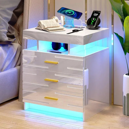 Atuo LED Nightstand , Modern Night Stand with 24 Color Lights, High-Gloss Bedside Tables with 3 Drawers for Bedroom (White,1PC)