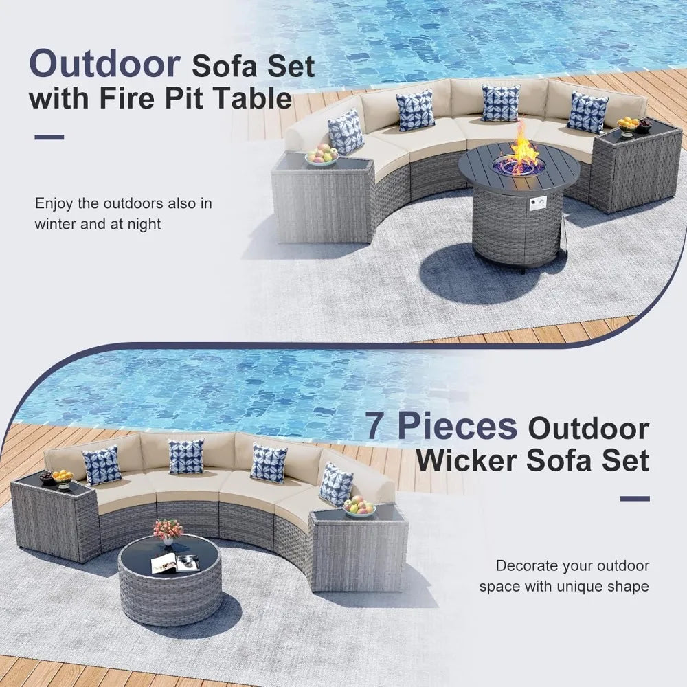 Outdoor Patio Half-Moon Furniture , Sectional Round Set, Curved Conversation Set, Curved Sofa with Tempered Glass Coffee Table