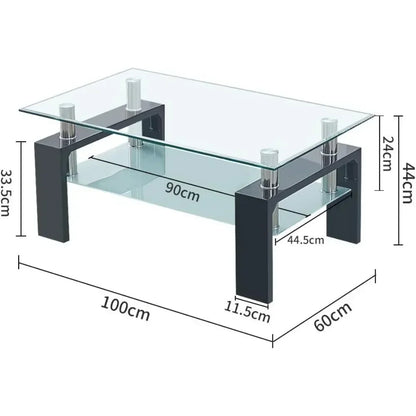 Tempered Glass Tabletop Stainless Steel Tube, 2-Tier Tea Table, Modern Center Side Table w/Lower Shelf & Wooden Legs