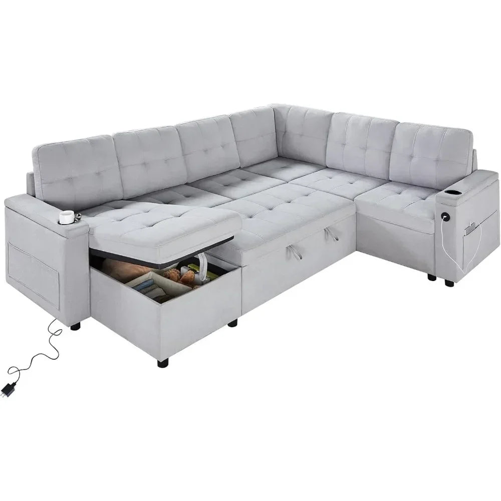 110 Inch Sofa Bed, Sleeper Couch Bed with 2 USB & Cup Holders, Oversized U Shaped Pull Out Couch with Storage Chaise & 3 Seater