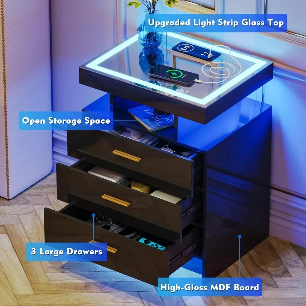 2 sets of nightstands with wireless charging, Sensor 3 Color Dimmable LED Night Stand, Bedside Table3Drawers&3 Open Compartments