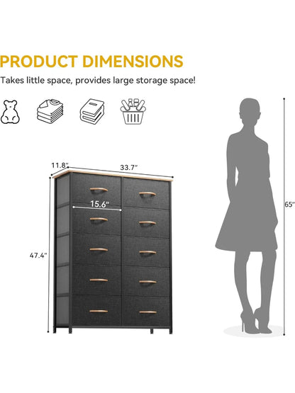 10 Drawers Dresser, Fabric Dresser, Tall Chest Organizer Unit for Living Room, Hallway, Closets - Sturdy Steel Frame