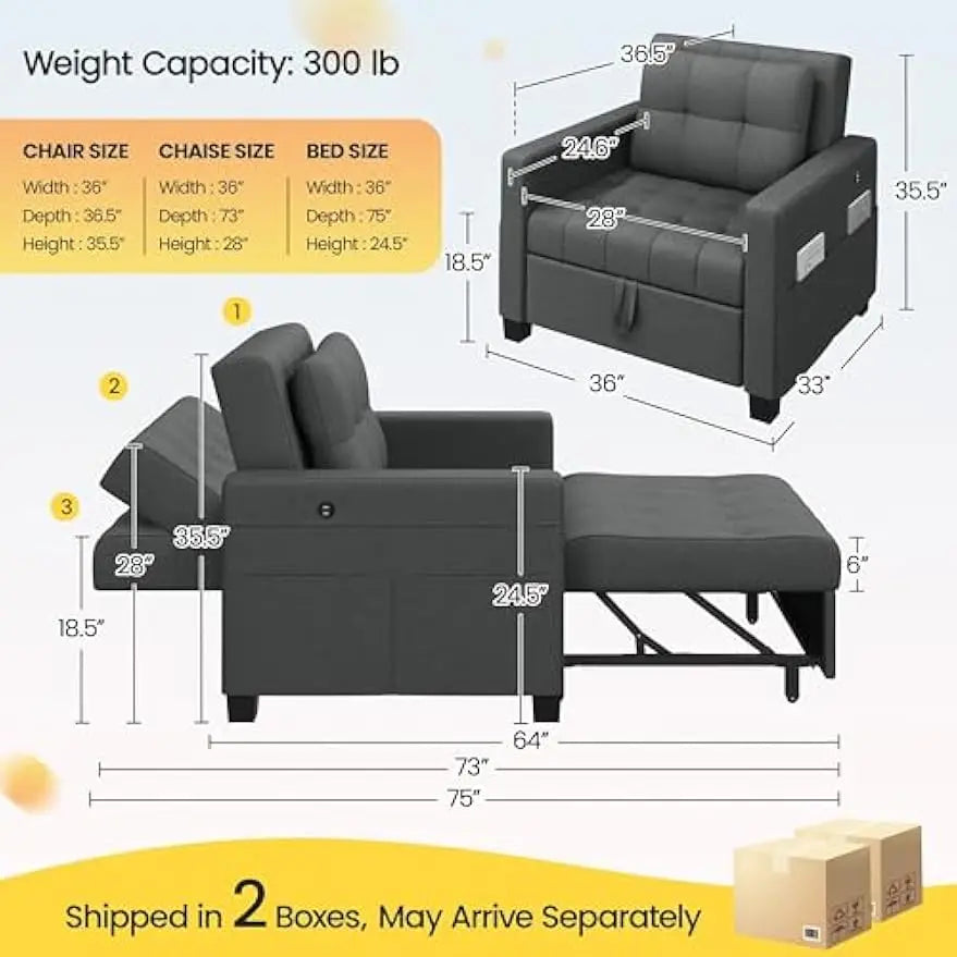 Convertible Futon Sofa Bed 3-in-1 Sleeper Chair Bed Tufted Couch with Adjustable Backrest, 2 USB Ports for Living Room