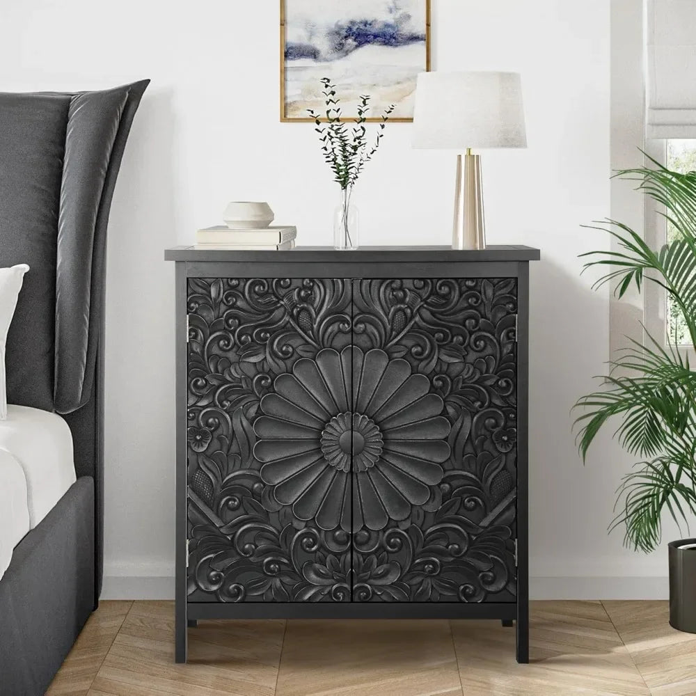 2-Door Accent Cabinet, Distressed Storage Cabinet with 2 Carved Doors and Wooden Frame for Entryway, Living Room