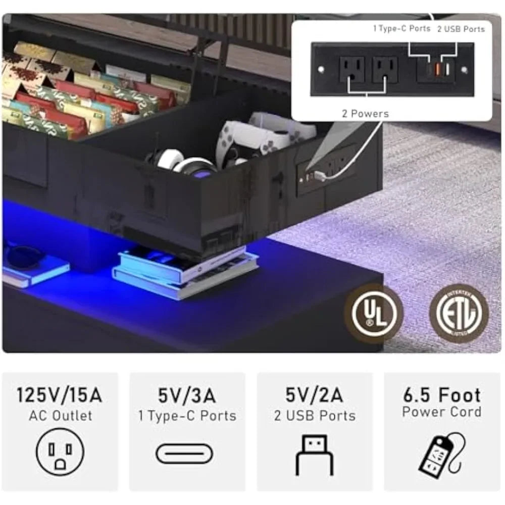 47.2" Large Lift Top Coffee Table,Modern High Glossy LED Coffee Tables for Living Room with Storage,Black Living Room Tables