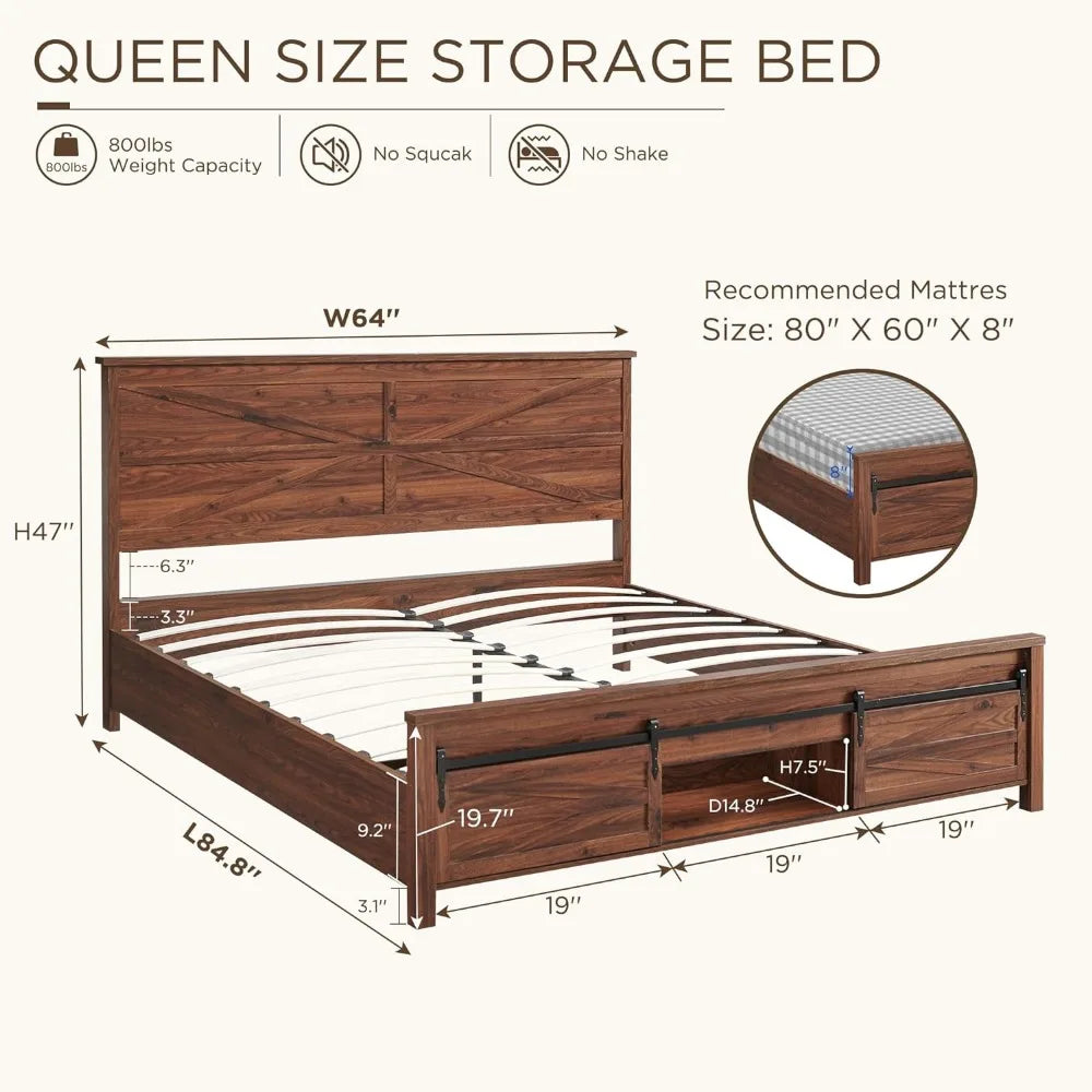 Queen Farmhouse Bed Frame with Barn Door Storage, No Box Spring Needed