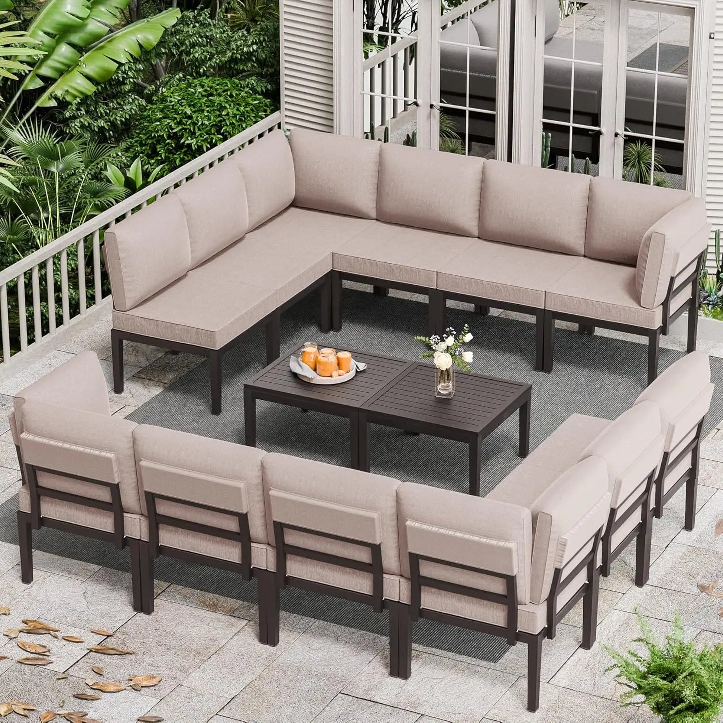 14 Pieces Patio Furniture Set 12-Seat Metal Modular Outdoor Patio Conversation Sectional w/Thick Cushion