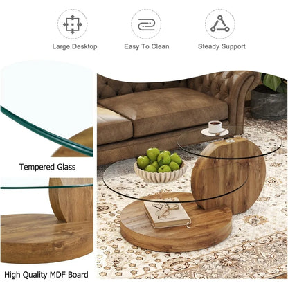 Glass Coffee Table, Modern Round Tempered Glass Coffee Tables for Living Room, 3-Tier Circle Wood Coffee Table