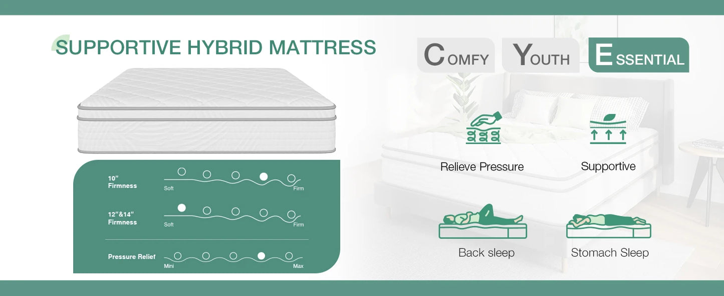 10 inch Twin Mattress, Hybrid Mattress Twin Size with Comfortable Foam & Individually Pocket Spring, Twin Size Mattress in a Box