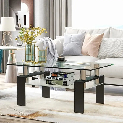 Modern 2-Tier Rectangle Glass Coffee Table for Living Room