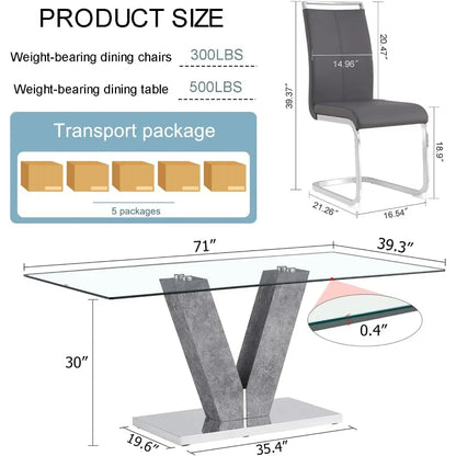 Dining Table, 71 Inch, Gray Dining Table with 6 PU Leather Dinings Chairs, Kitchen Tables and Chairs, Glass Dinings Tables Set