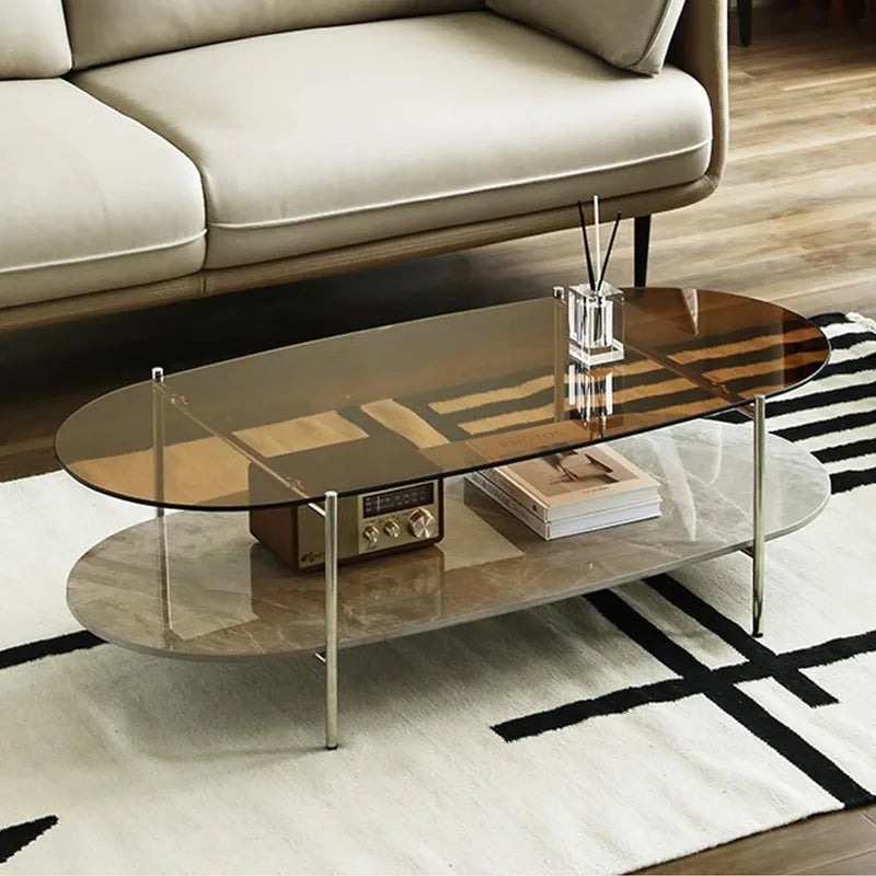 Glass Coffee Table, 2-Tier Modern Coffee Table Glass & Slate Stone Oval Center Desk for Home Office Living Room