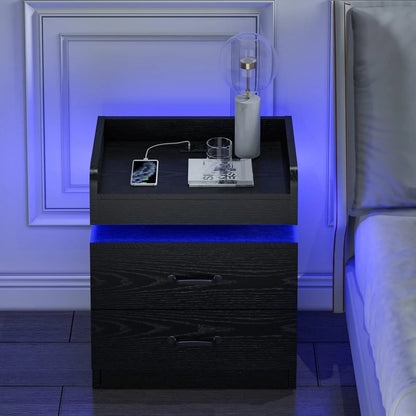 Set of 2 with Charging Station, Black Night Stand with LED Lights, Modern Led End Table LED Nightstand for Bedroom, Bedside