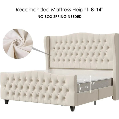 King Bed Frame with Velvet Tufted Wingback Headboard