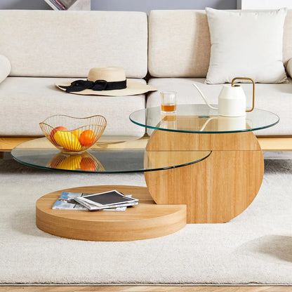 Glass Coffee Table, Modern Round Tempered Glass Coffee Tables for Living Room, 3-Tier Circle Wood Coffee Table