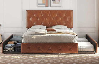 Queen Upholstered Bed Frame with 4 Storage Drawers and Adjustable Headboard, Faux Leather Platform Bed with Mattress