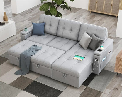 110 Inch Sofa Bed, Sleeper Couch Bed with 2 USB & Cup Holders, Oversized U Shaped Pull Out Couch with Storage Chaise & 3 Seater