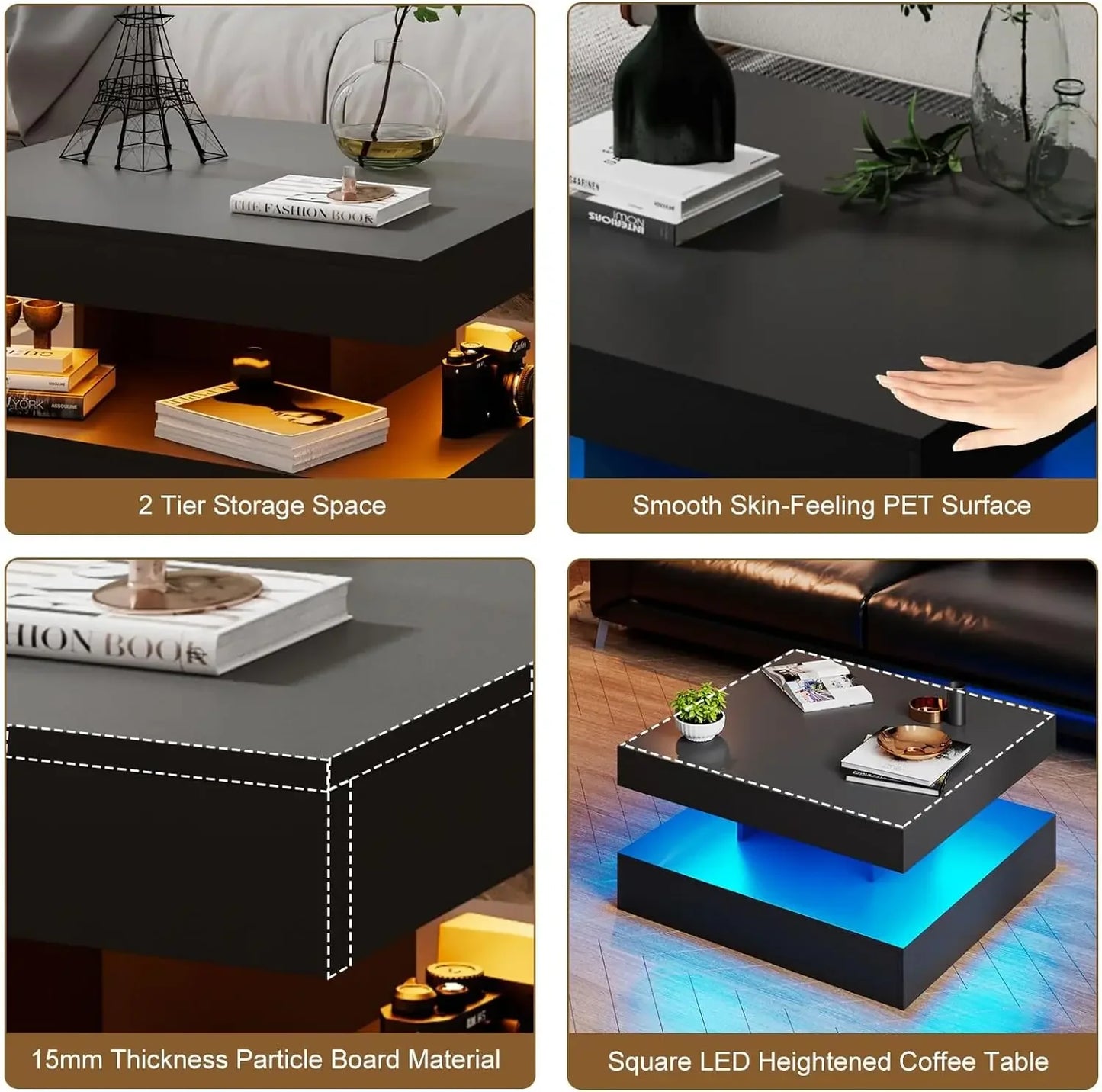 Black LED Coffee Table with Storage for Living Room Modern Smart Tall Square Center Table 2 Tier Display Shelf 20 Colors Light