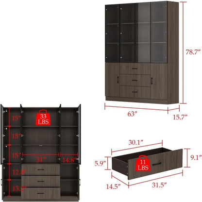 Glass Display Cabinet with Lights, Shelves, and 3 Drawers