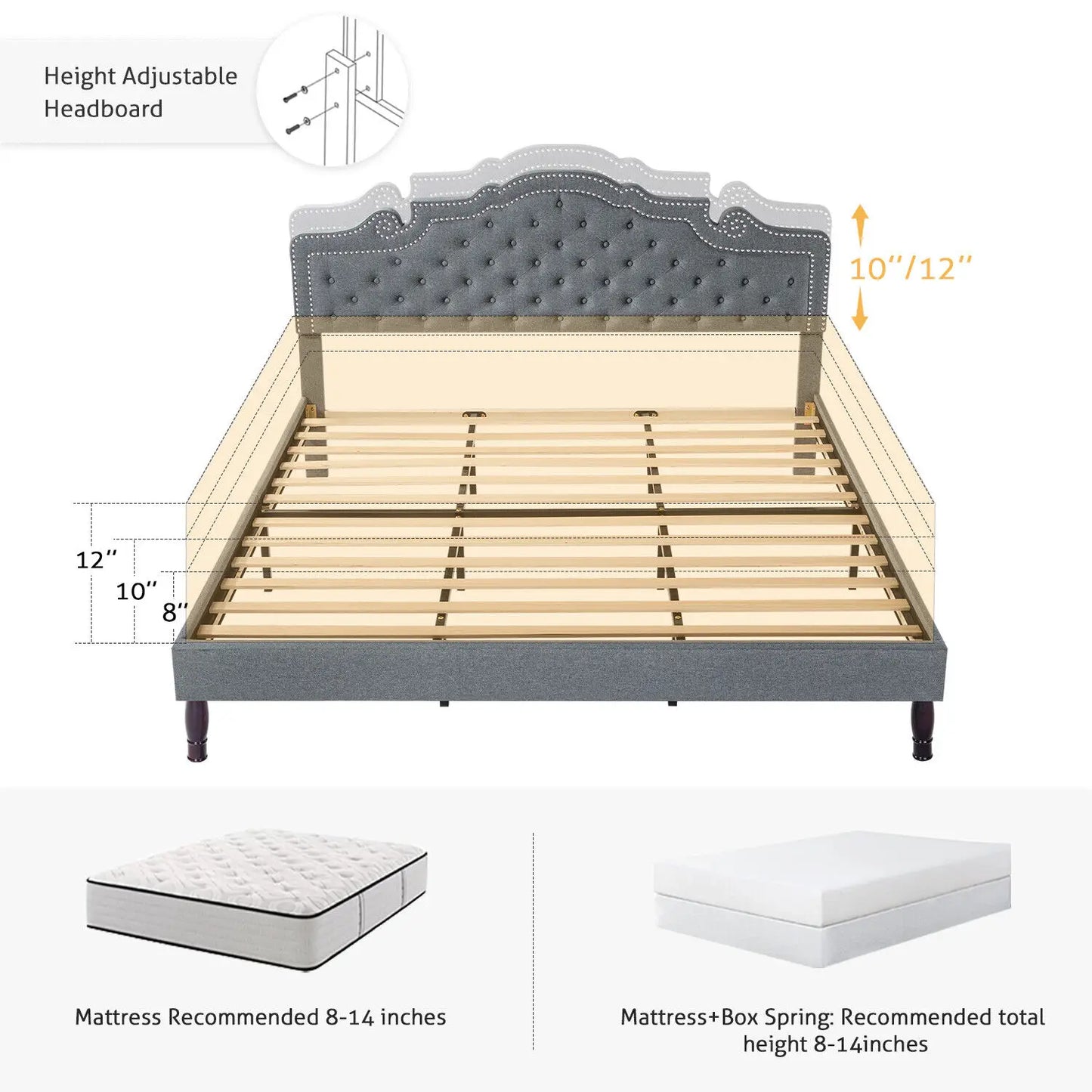 King Size Platform Bed Frame with Diamond Button Adjustable Headboard